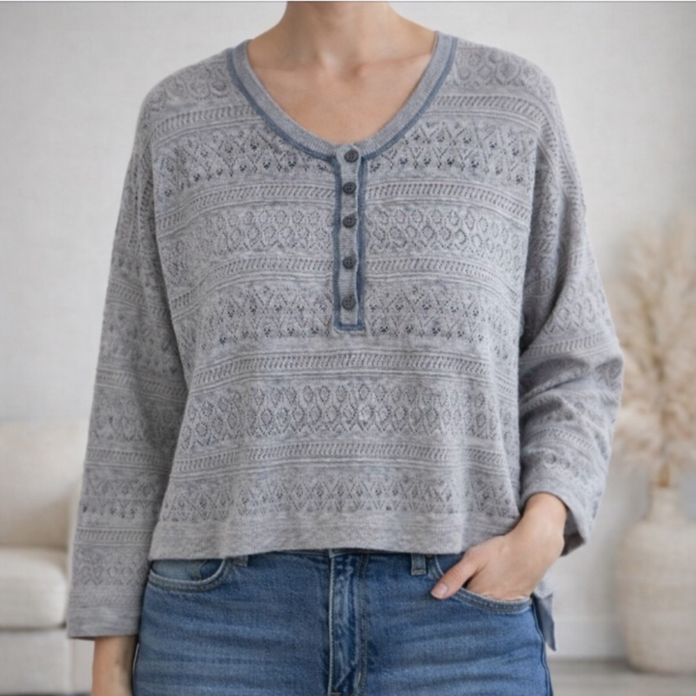 Sundance Sweater Womens Large Boho Knit Henley Boxy Fit Blue Gray